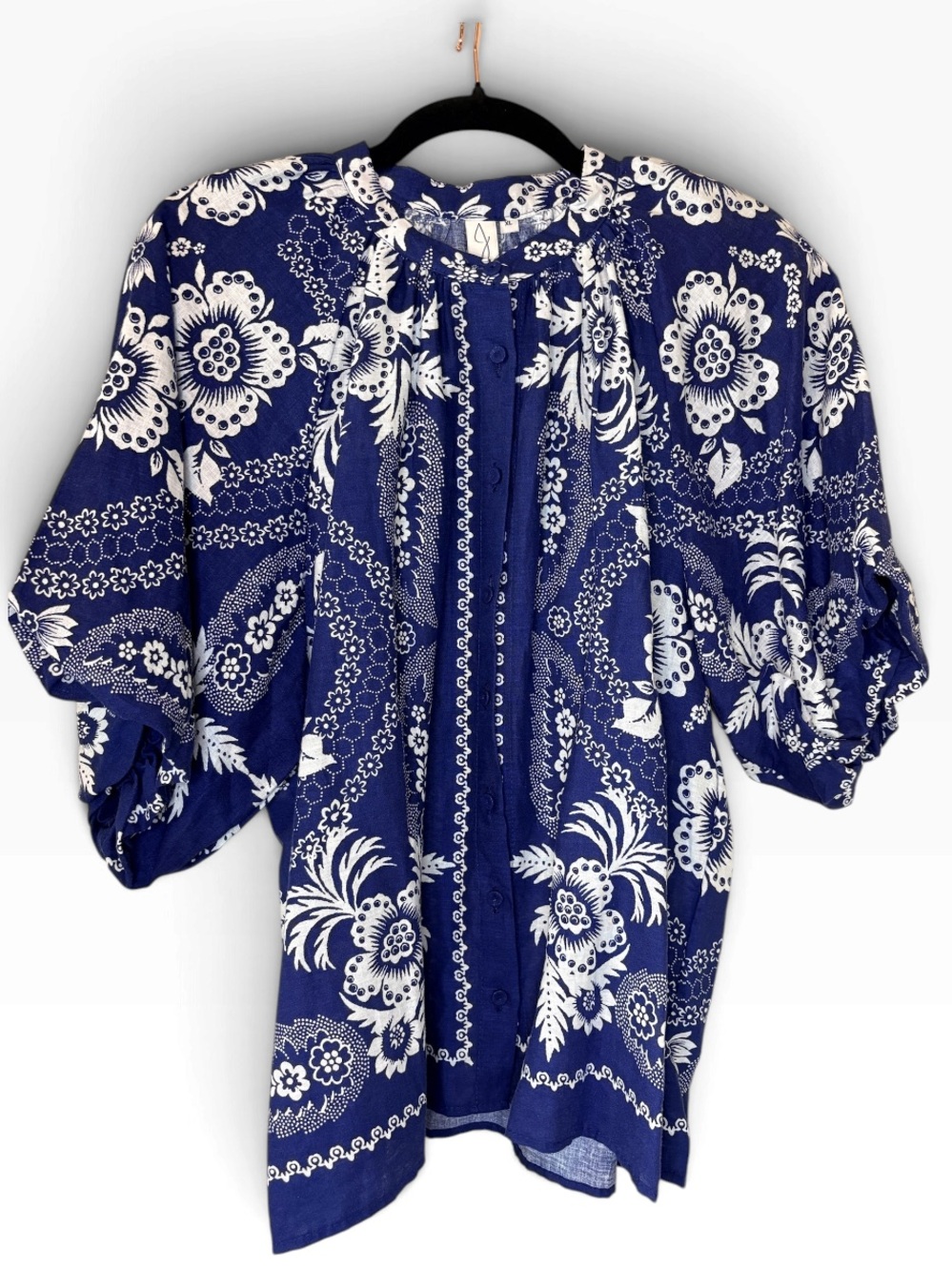 Jolie Blue and White Floral Tie-Neck Tunic